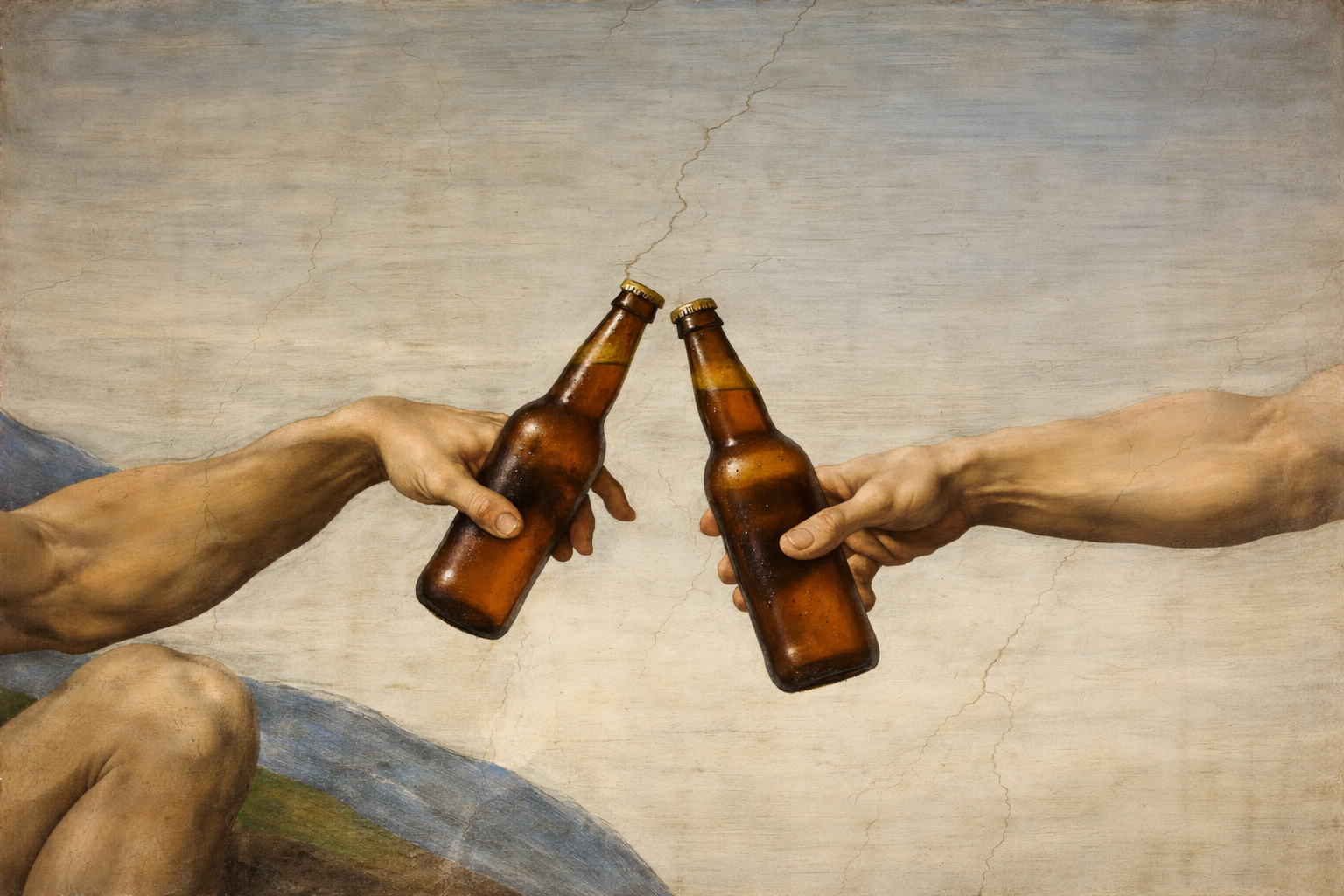 DAMNARTS About Us visual — inspired by The Creation of Adam, two reaching hands now hold beer bottles, turning a sacred moment into a playful toast through reinterpretation.