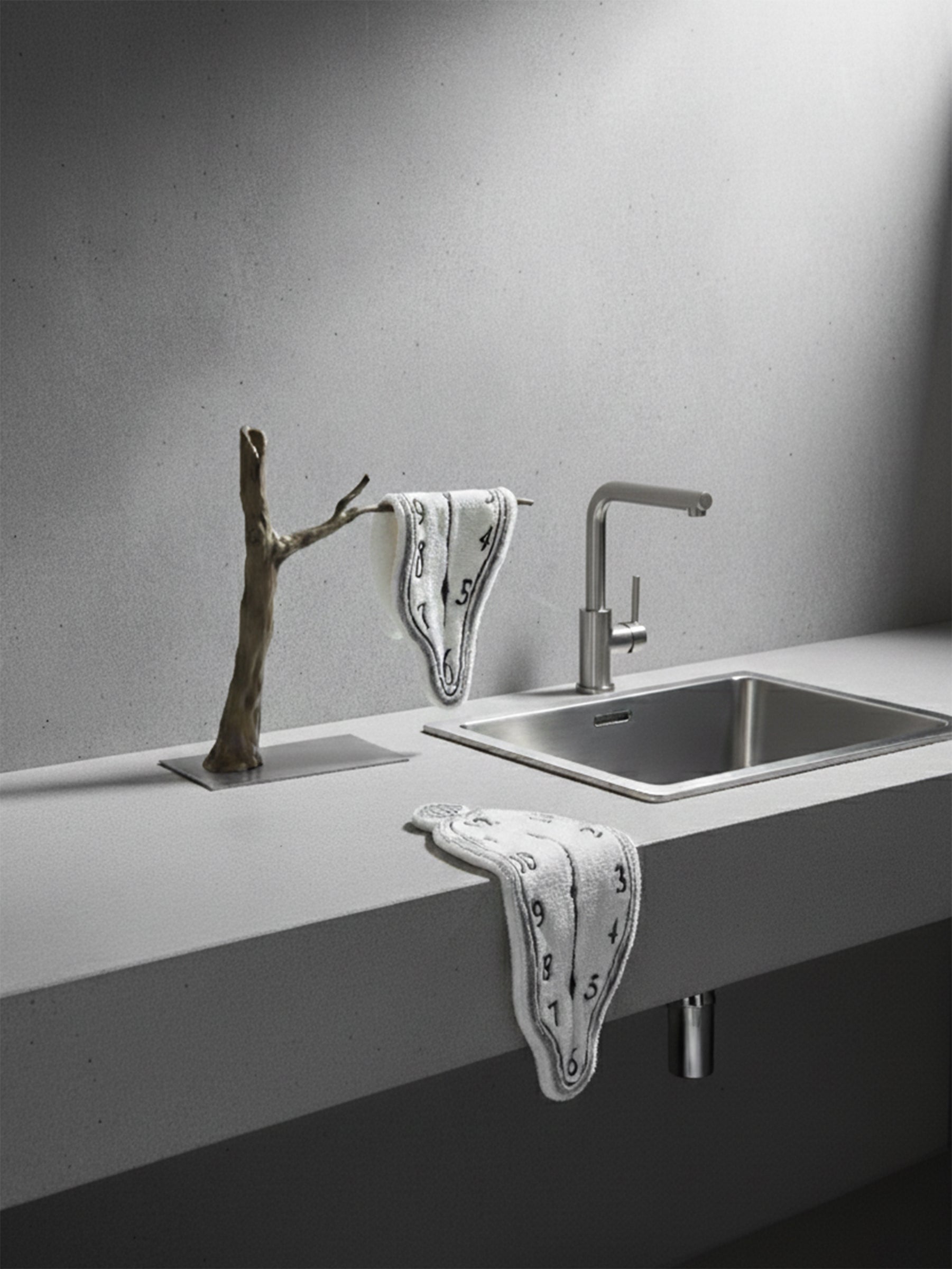 A DAMNART$ Dalí-style melting clock towel draped over a sculptural branch beside a modern stainless-steel sink under dramatic lighting.
