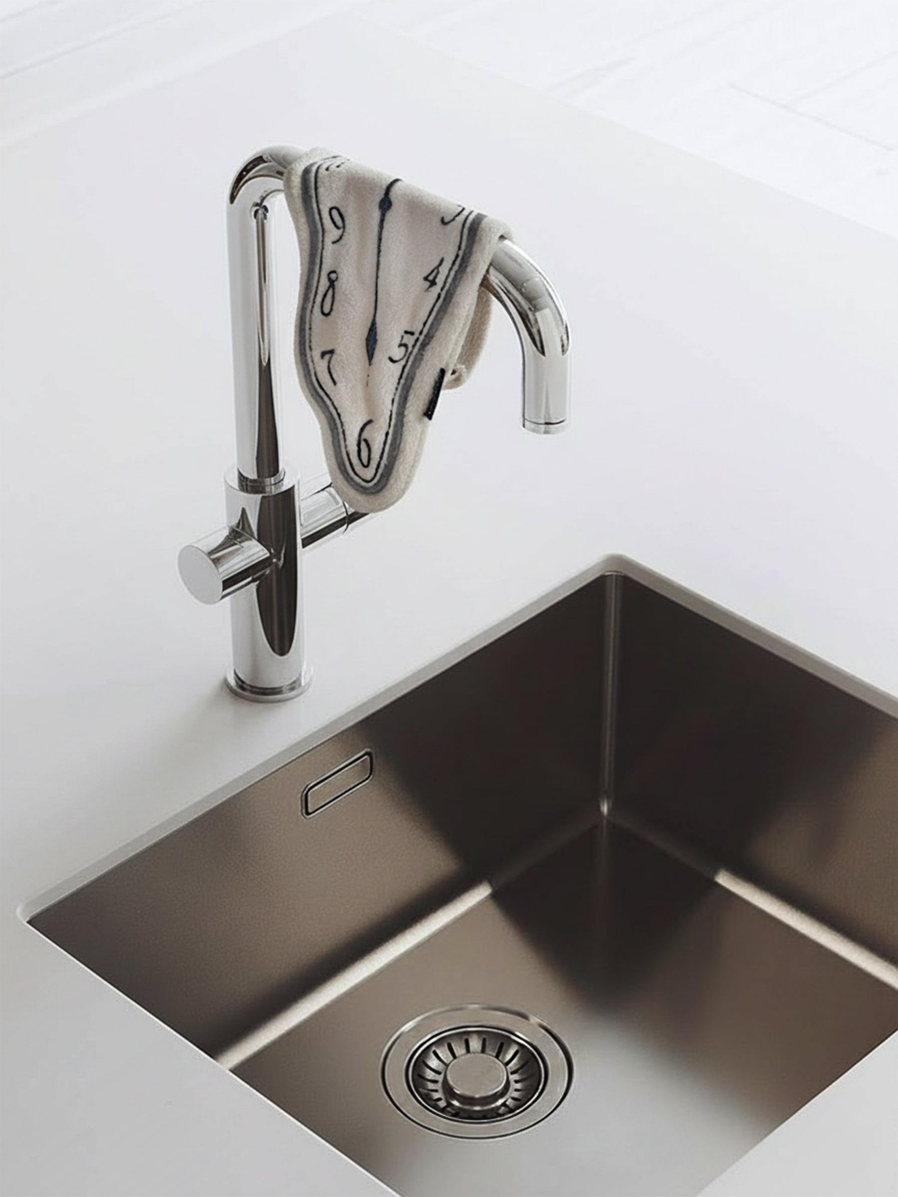 A DAMNART$ Dalí-style melting clock towel draped over a chrome faucet above a clean, modern stainless-steel kitchen sink.