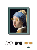 DAMNARTS Girl with a Pearl Earring glasses holder wearing small-size white frame tinted fashion glasses, classic painting reimagined as a functional eyewear display.