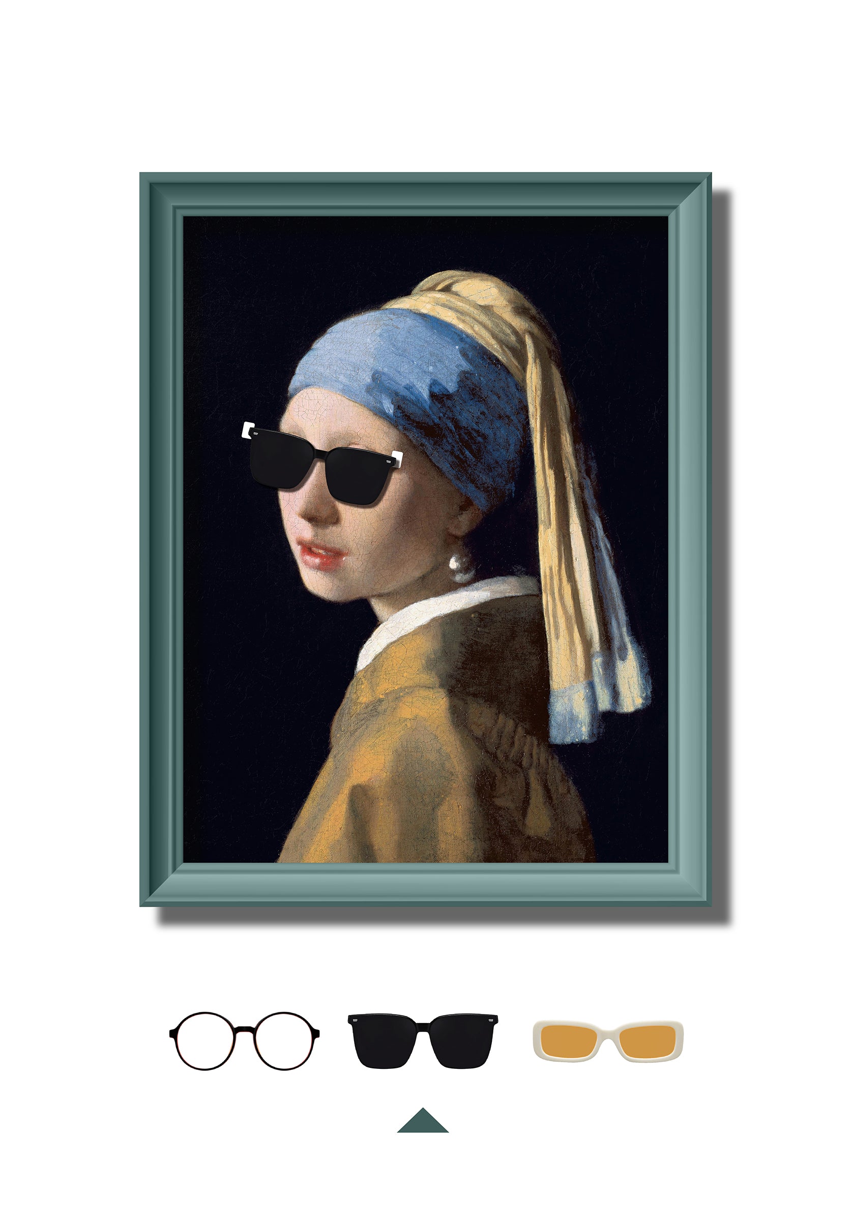 DAMNARTS Girl with a Pearl Earring glasses holder wearing black sunglasses, creating a playful contrast between classic painting and modern eyewear.