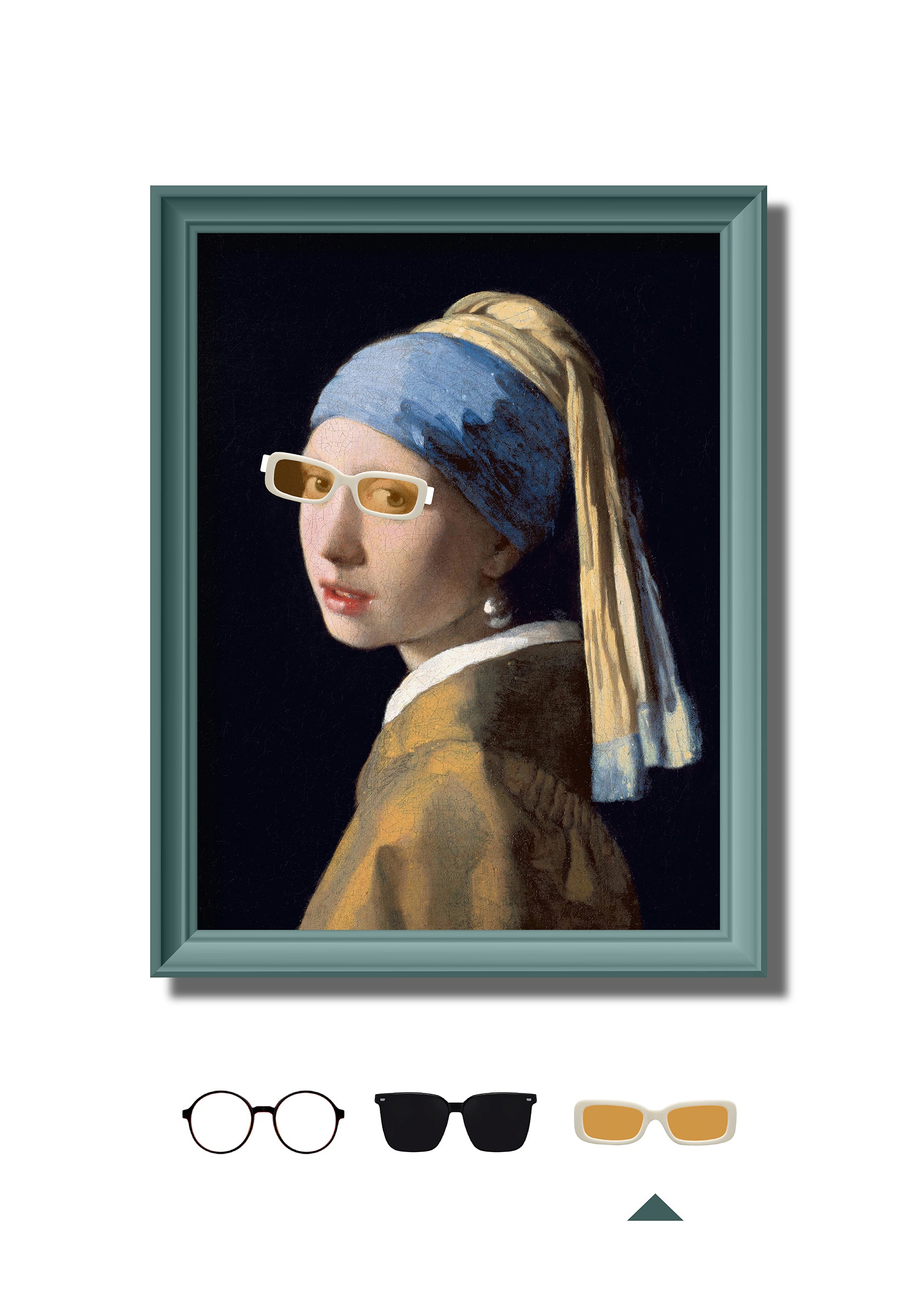DAMNARTS Girl with a Pearl Earring glasses holder wearing white frame tinted fashion glasses, classic painting turned functional eyewear display.