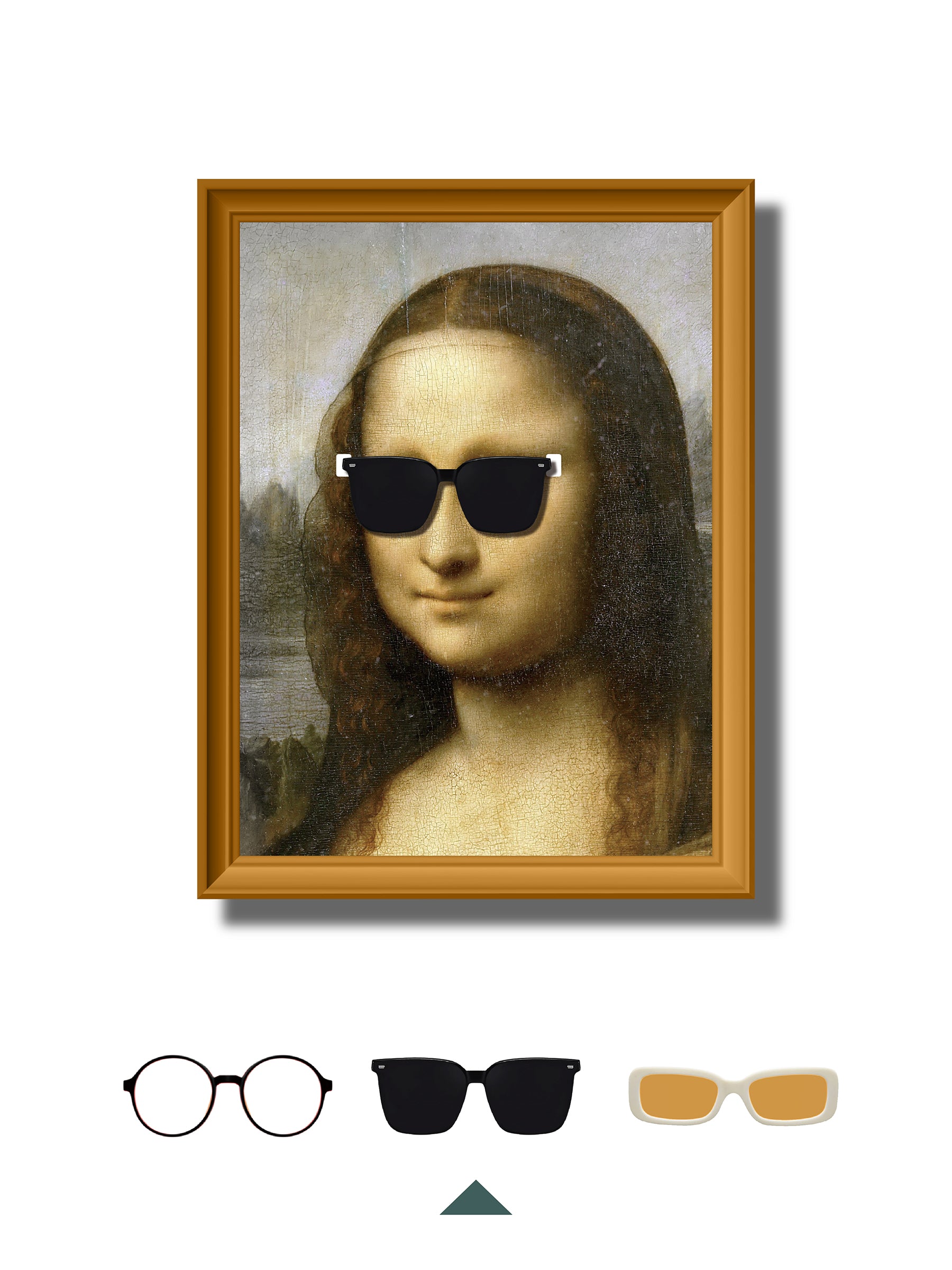DAMNARTS small-size Mona Lisa glasses holder with black sunglasses, a compact art piece combining eyewear storage and classic artwork