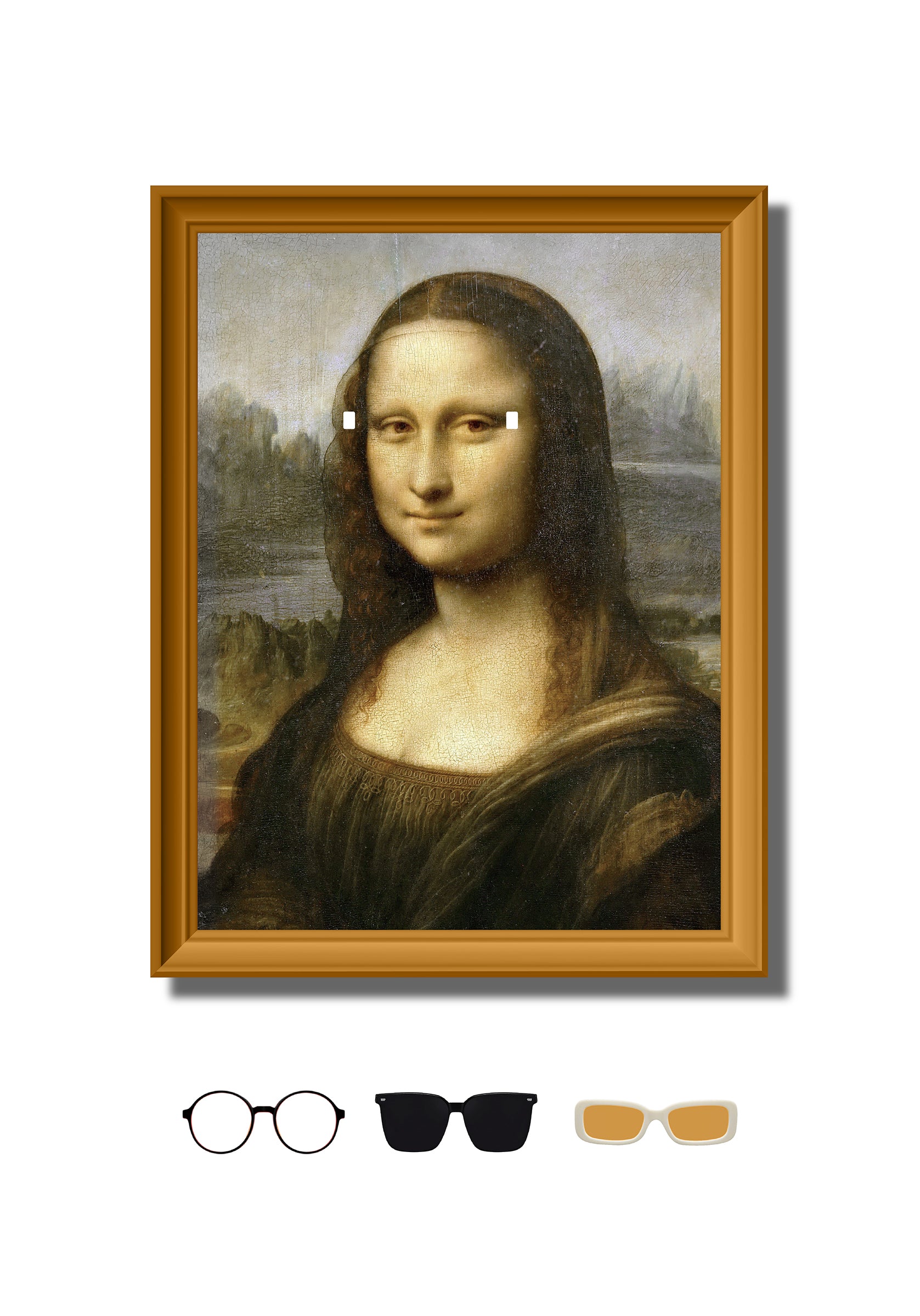 DAMNARTS Mona Lisa glasses holder with round optical glasses, turning a classic artwork into a functional wall art piece.
