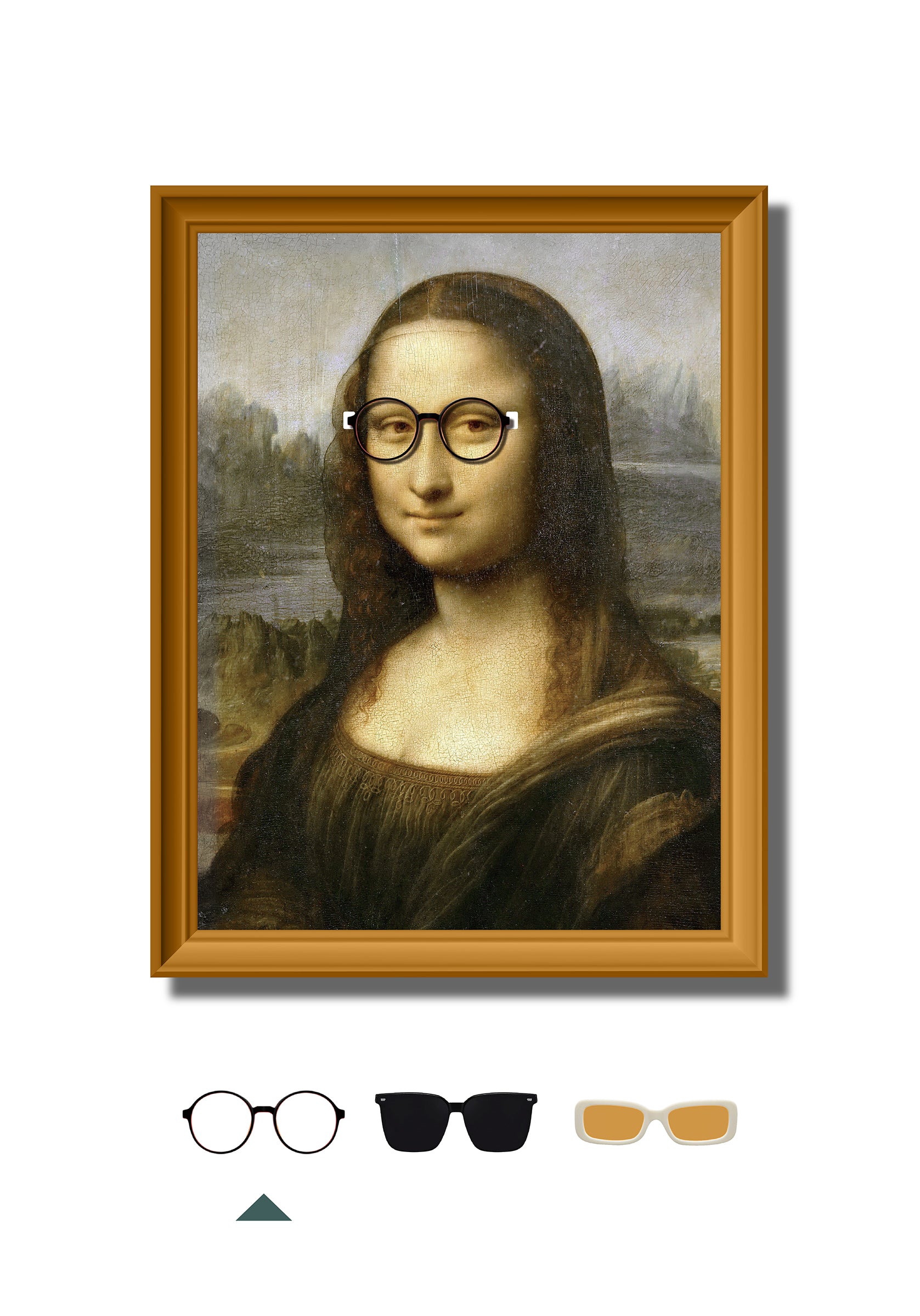 DAMNARTS Mona Lisa glasses holder with round optical glasses, turning a classic artwork into a functional wall art piece.