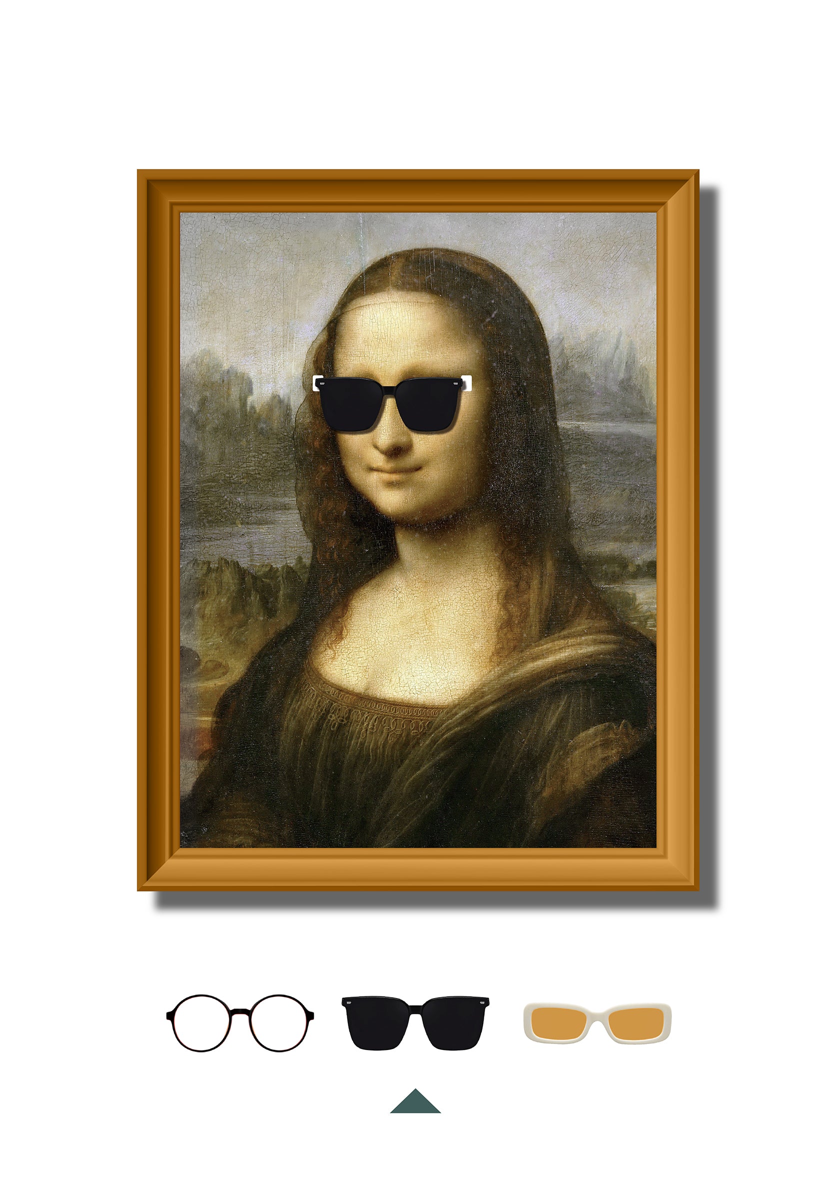 DAMNARTS Mona Lisa glasses holder with black sunglasses, a playful reinterpretation of the iconic Mona Lisa painting.