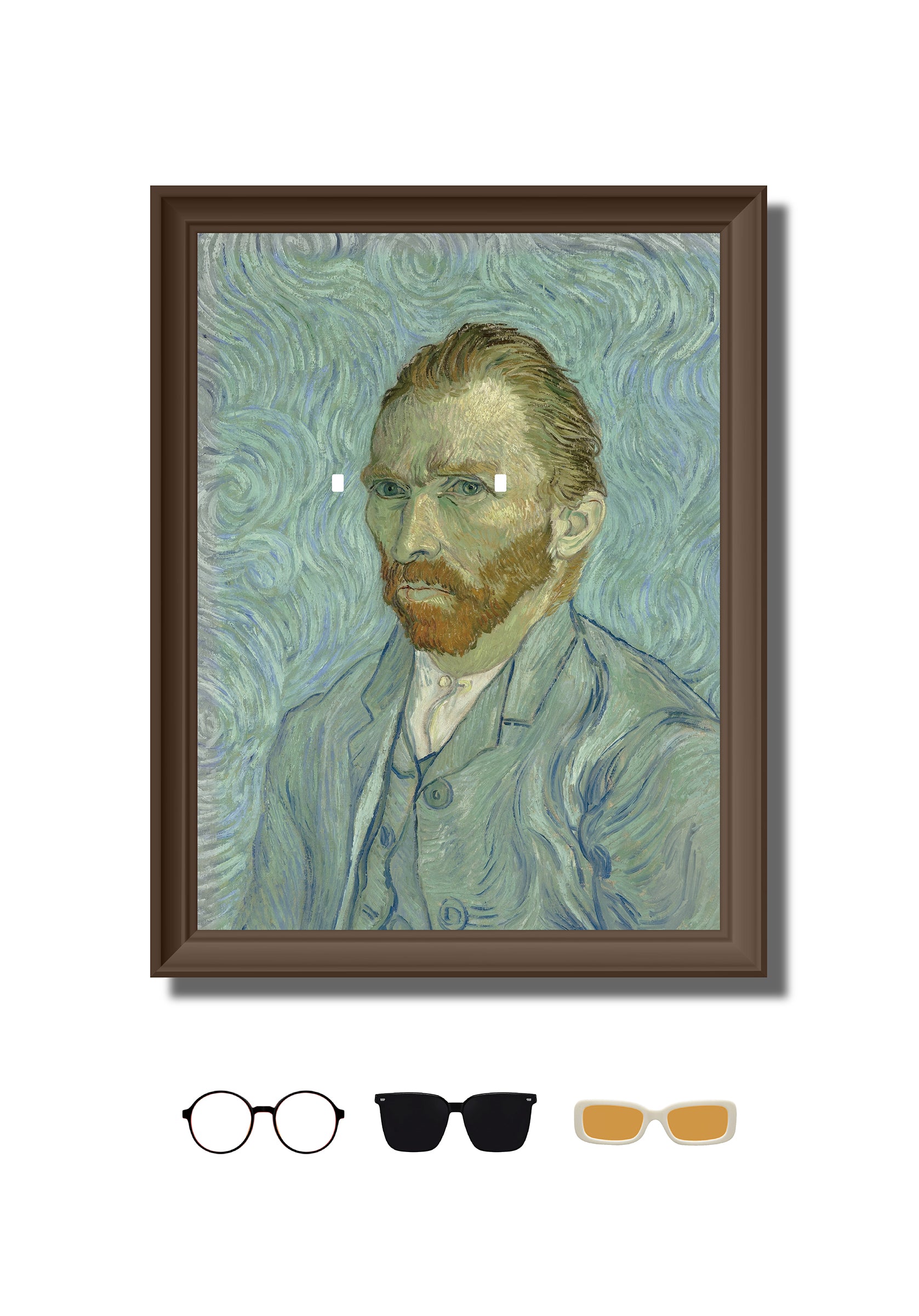 DAMNARTS Vincent van Gogh glasses holder showing the framed self-portrait without glasses, designed for interchangeable eyewear display.
