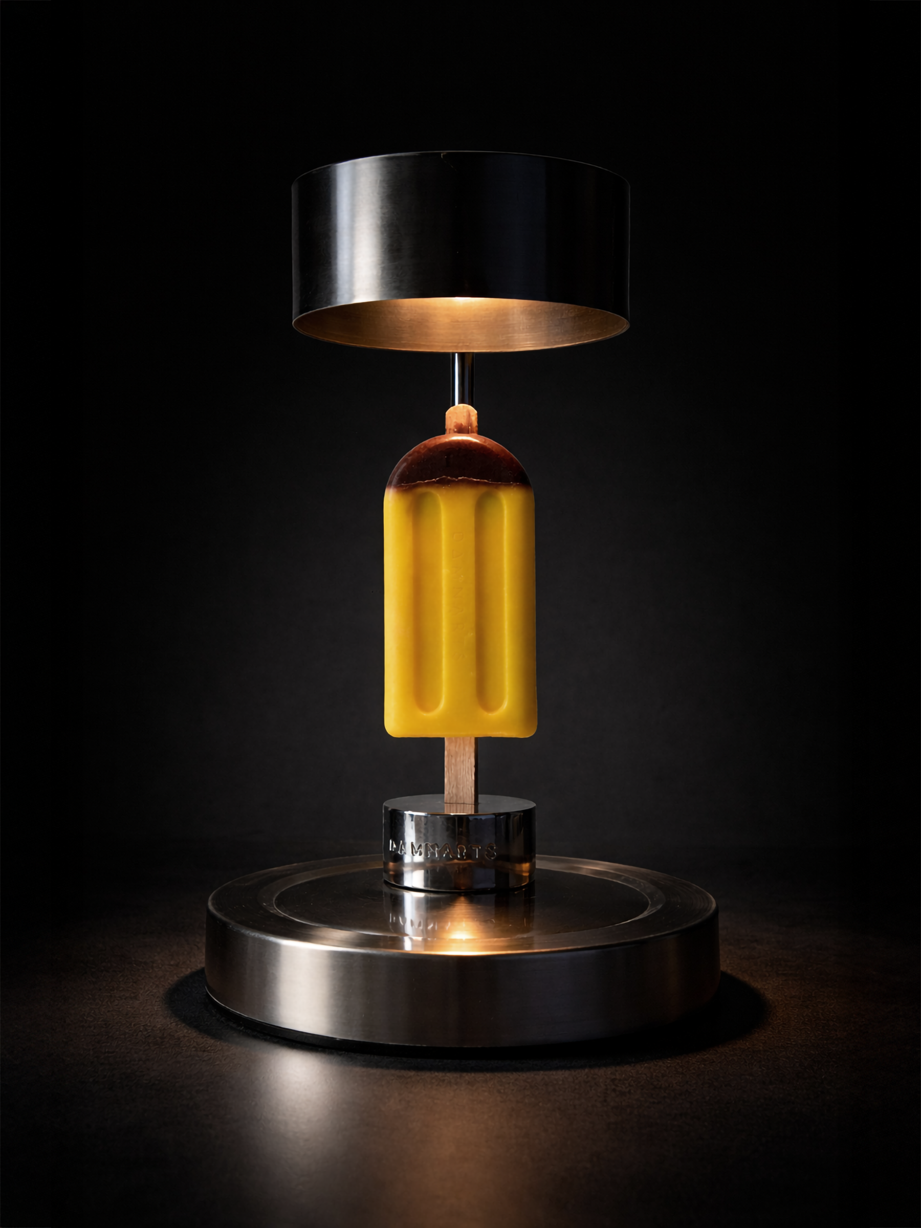 DAMNARTS ice pop scented candle under wax warmer lamp, warm glowing Autumn Air scent