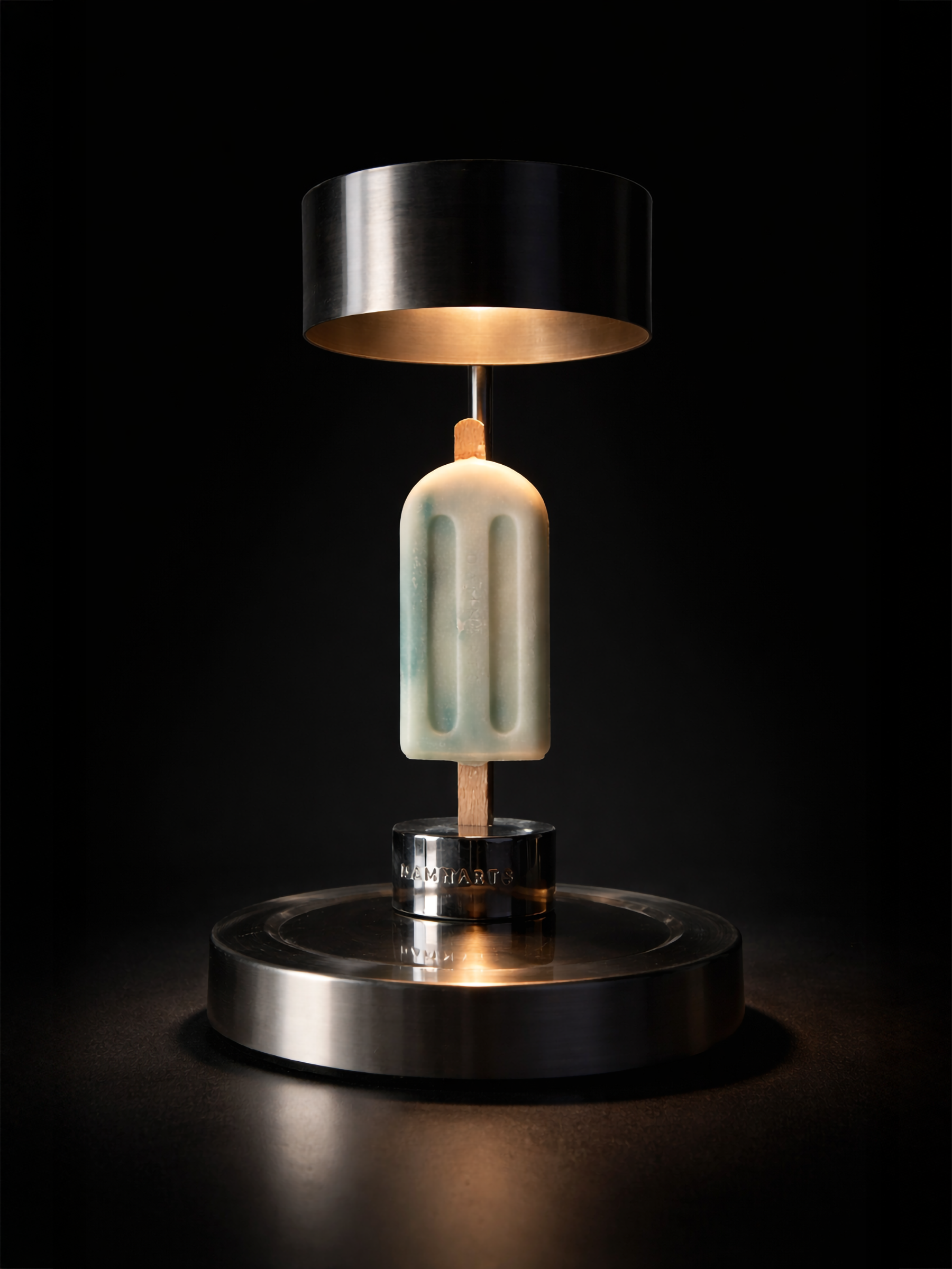 DAMNARTS ice pop scented candle under wax warmer lamp, soft glowing Ocean Breeze scent