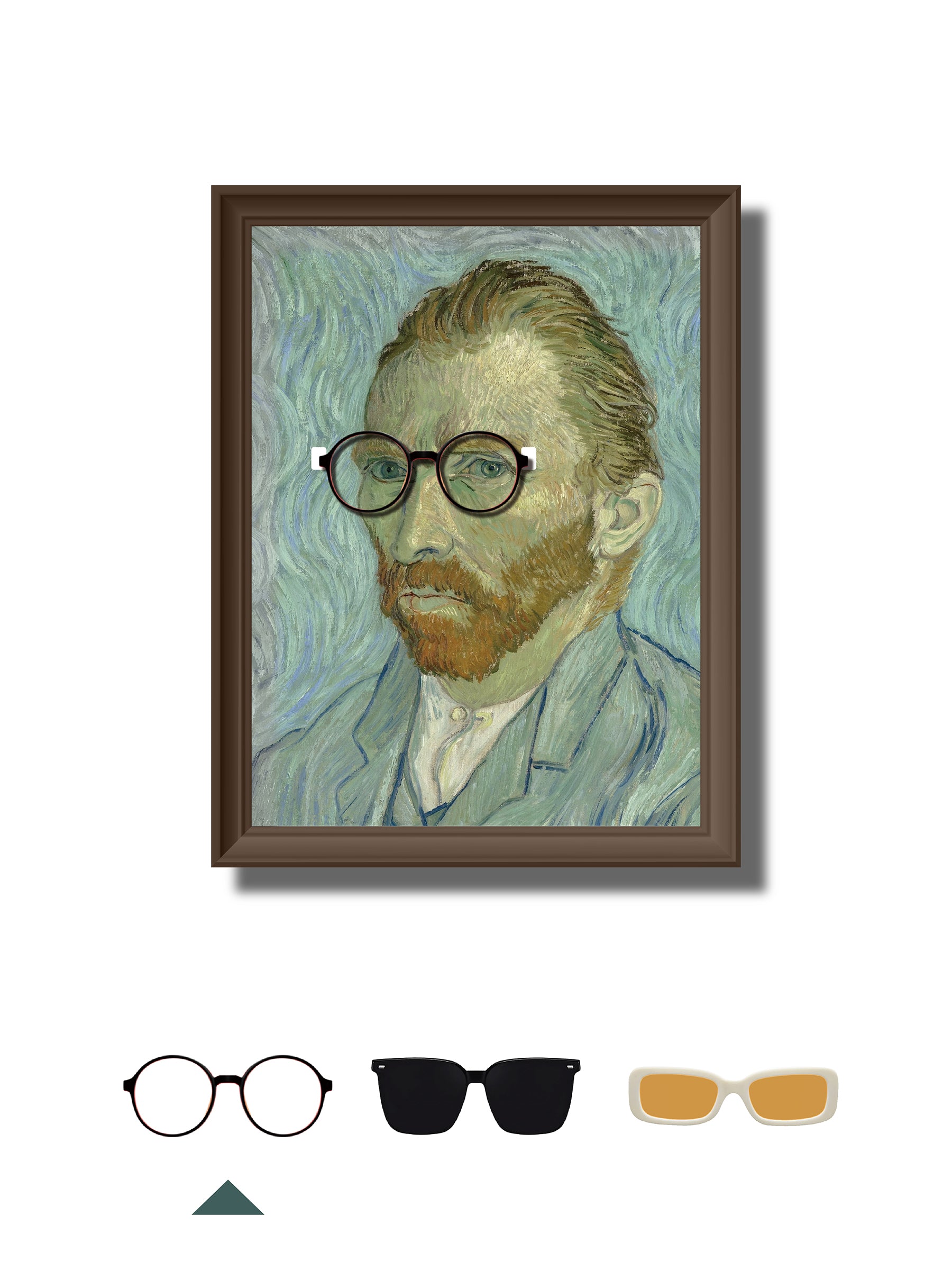 DAMNARTS Vincent van Gogh glasses holder featuring round optical glasses placed on the artwork, blending classic portrait with everyday eyewear.